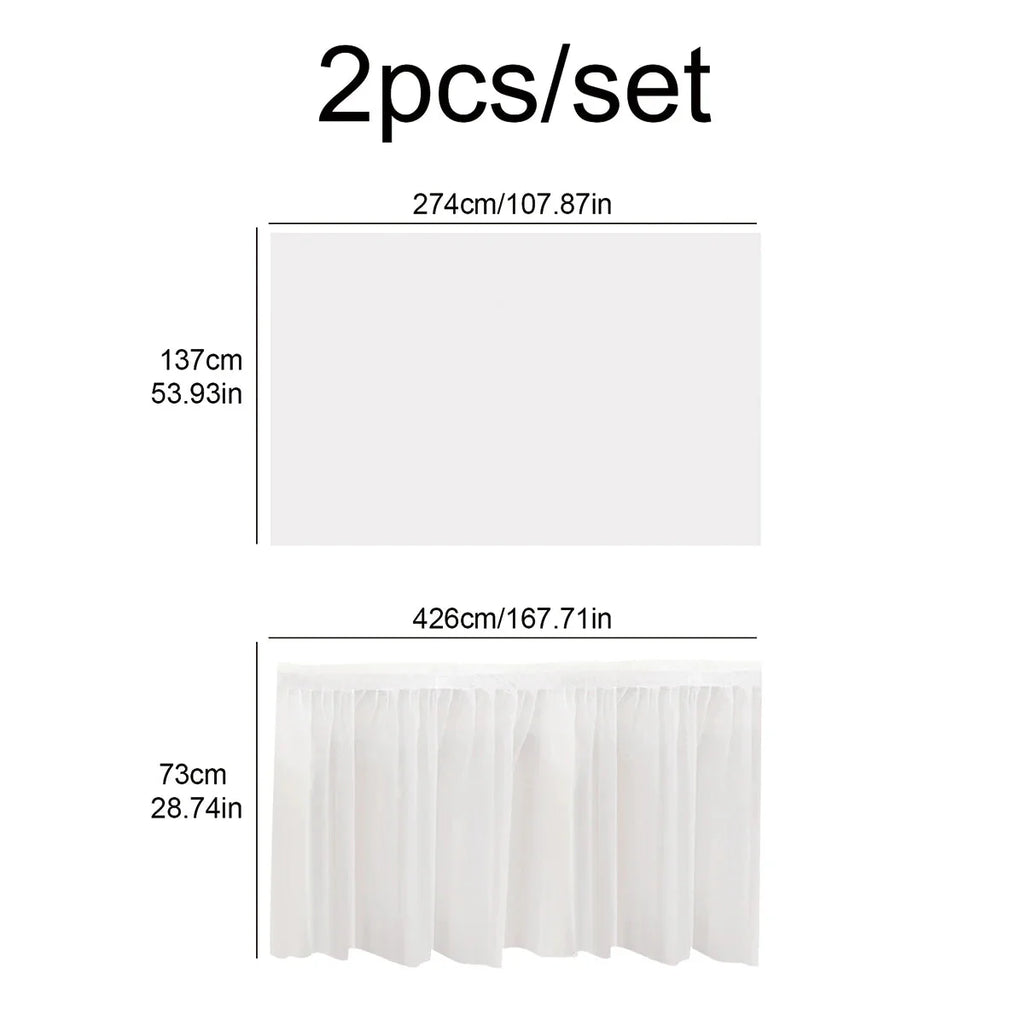 SHOWLU FASHION 2-piece disposable tablecloth and table skirt set displayed on a table, perfect for event decor.