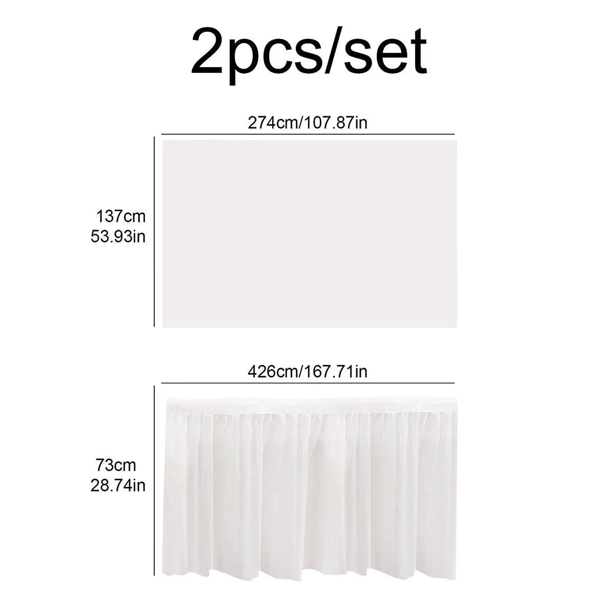 SHOWLU FASHION 2-piece disposable tablecloth and table skirt set displayed on a table, perfect for event decor.