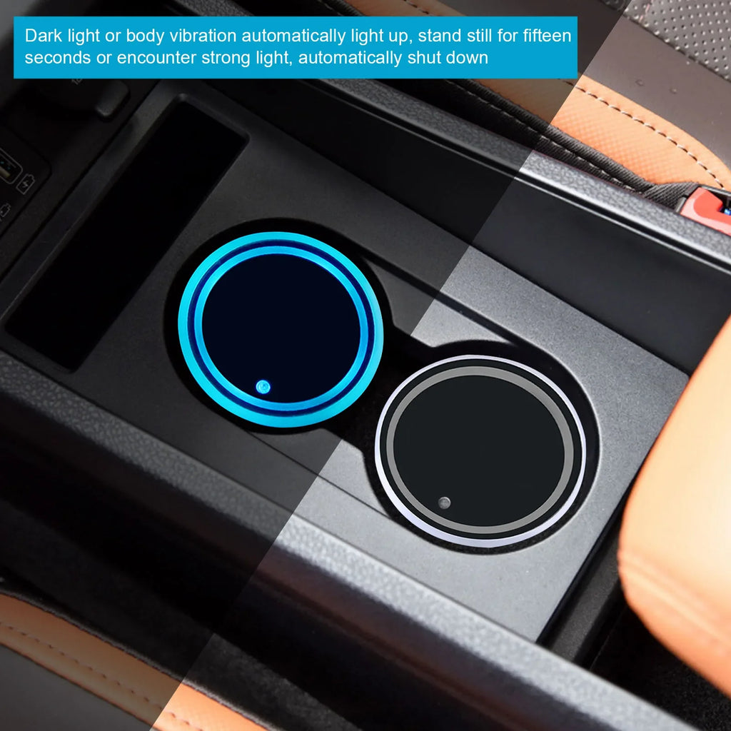 Showlu Smart LED cup holder light pad with USB 5V ambient lighting, designed for car cup holders, featuring sleek design and easy installation.