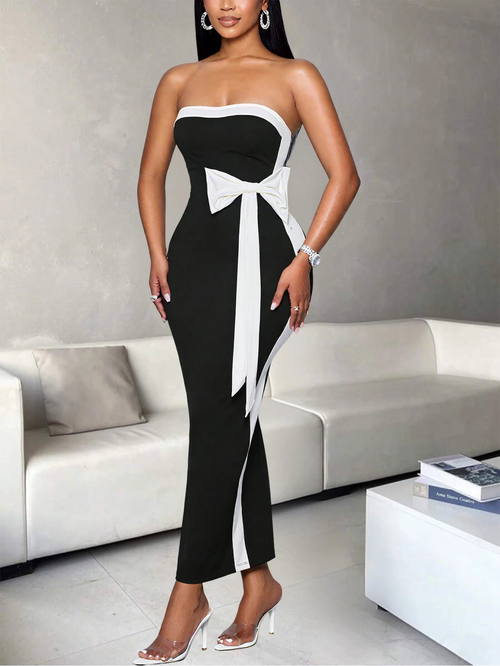 Ladies Fashion Elegant Color Block Knot Design One Shoulder Dress Stylish Graceful Versatile Butterfly Bow Dress for Women