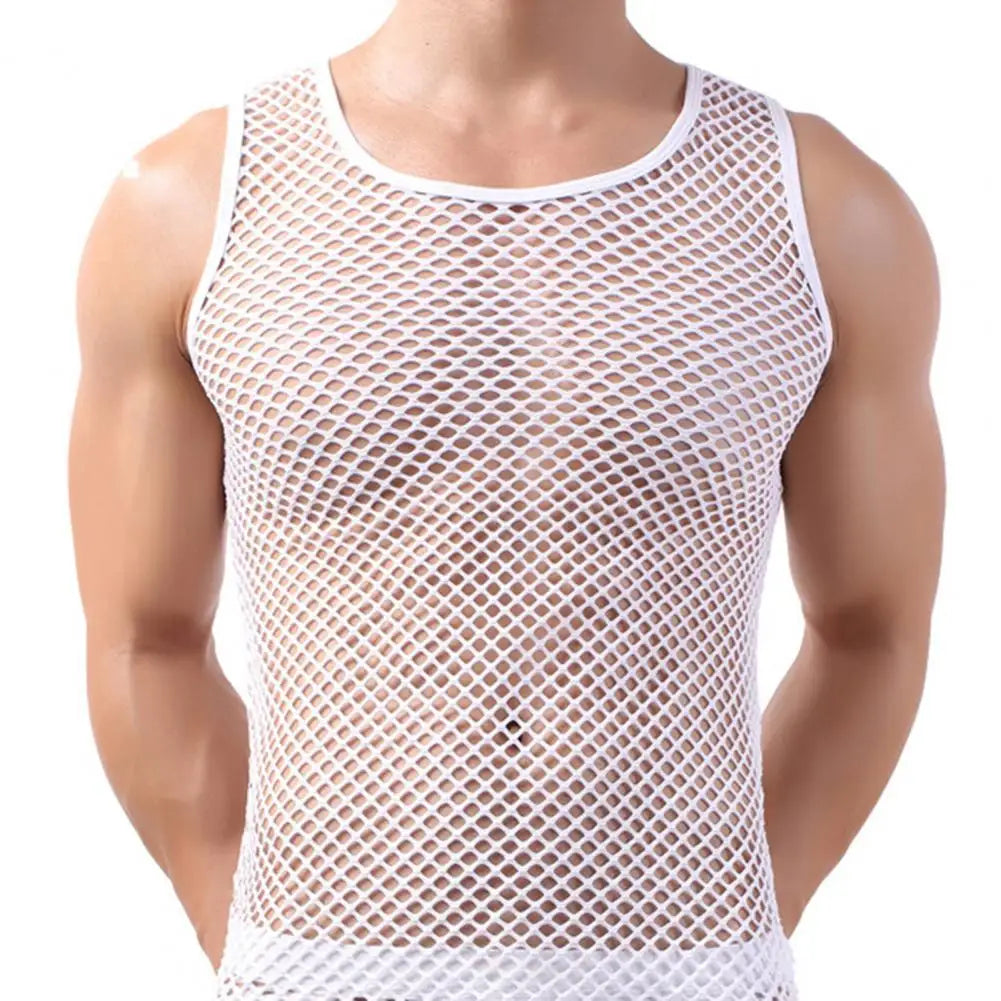 Showlu men's sheer mesh undershirt with long sleeves, transparent, sexy, lightweight, and fitted for a modern, stylish look