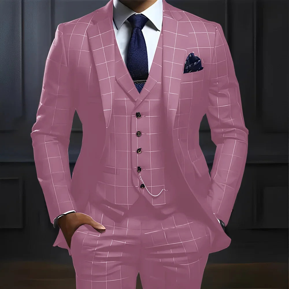 Showlu Men's 3-Piece Plaid Suit with slim fit, formal wedding tuxedo, featuring plaid pattern and tailored design.