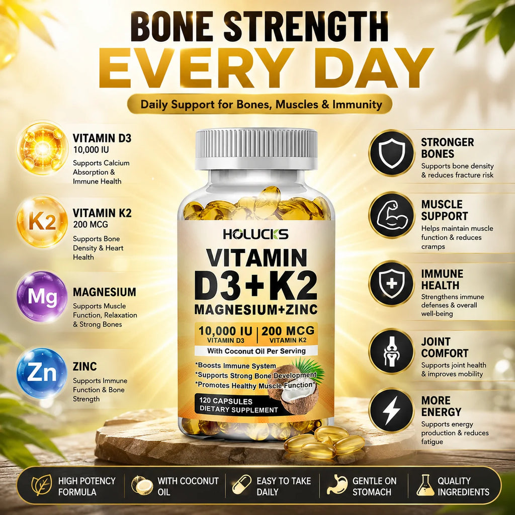 Vitamin D3 K2 Capsule, with Coconut Oil, Promotes Strong Bones, for Teeth,Heart Cardiovascular Health, Magnesium+Zinc Supplement