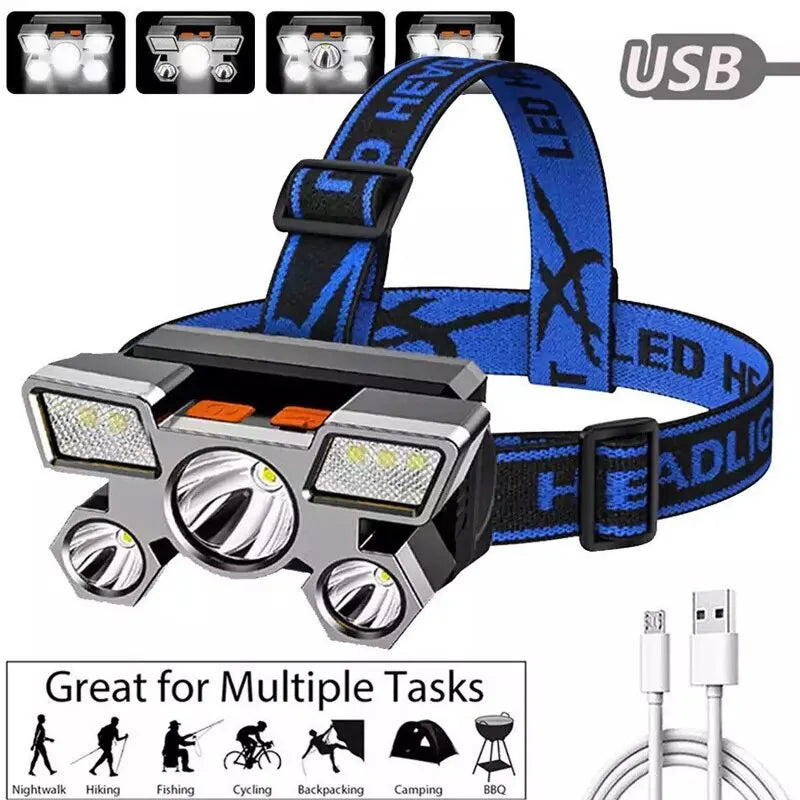 USB rechargeable headlamp with 5 LED lights, built-in battery, portable camping and fishing headlight, adjustable strap, compact design