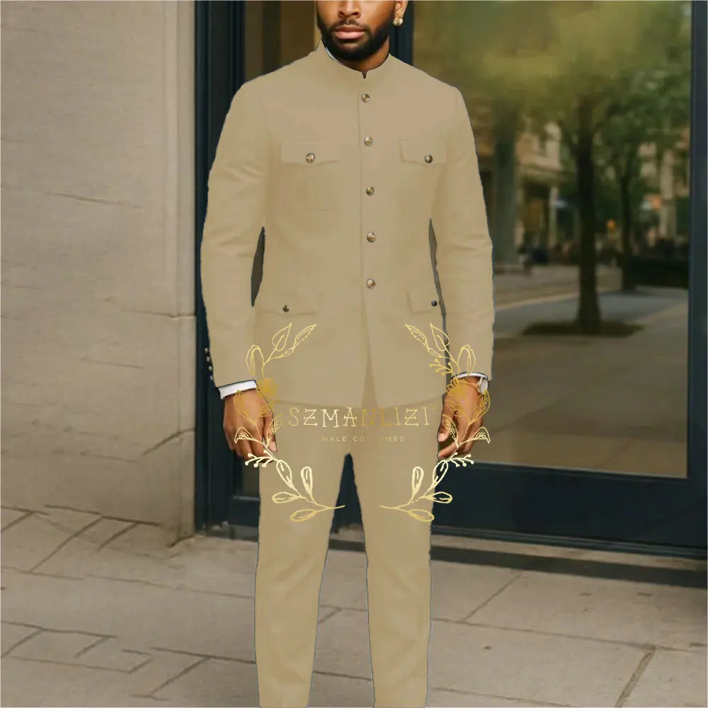 White stand collar men's suit jacket and matching pants with single-breasted design, ideal for business or wedding tuxedo sets.