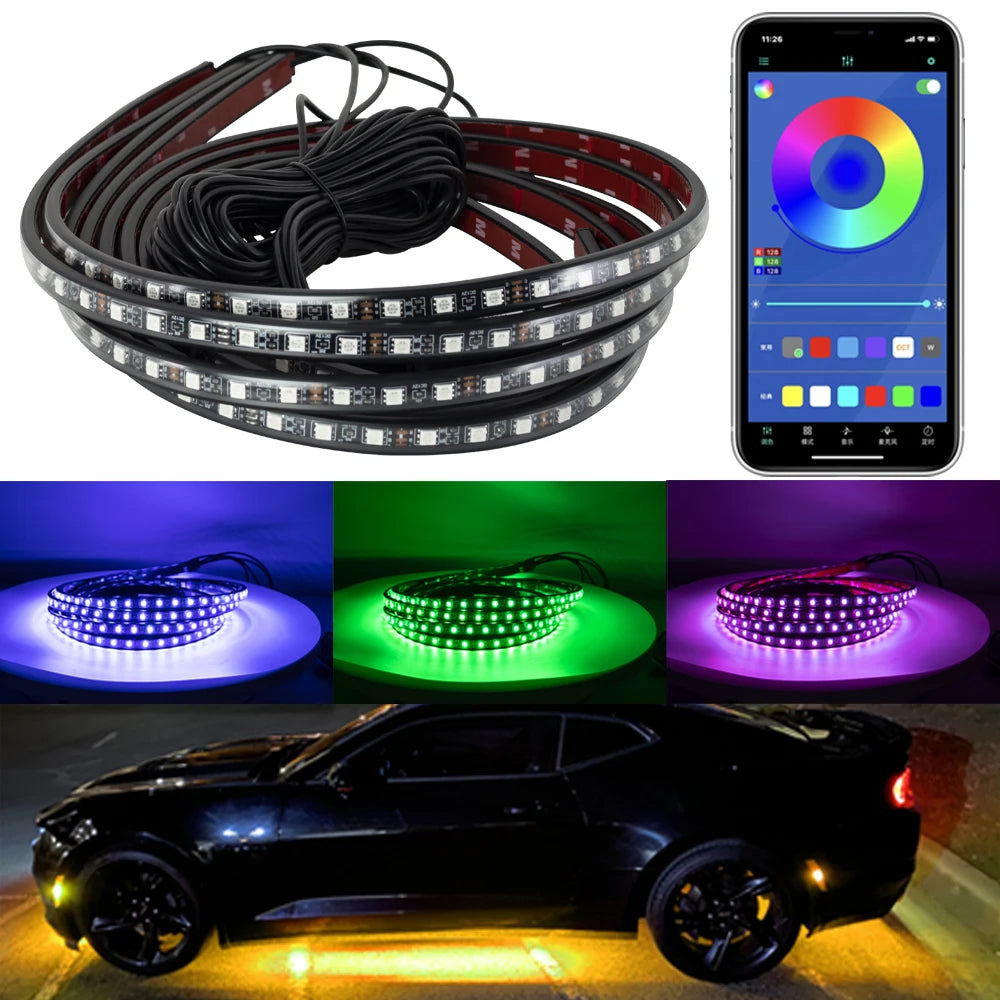 Showlu Smart General Car Underglow LED Kit with colorful LED strips installed under vehicle for vibrant lighting effects.