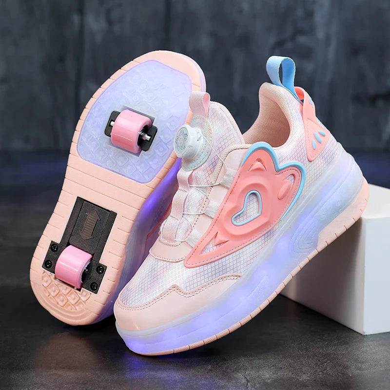 SHOWLU Kids LED roller skate shoes with luminous sneakers, USB rechargeable, featuring bright light-up soles for kids' active play.