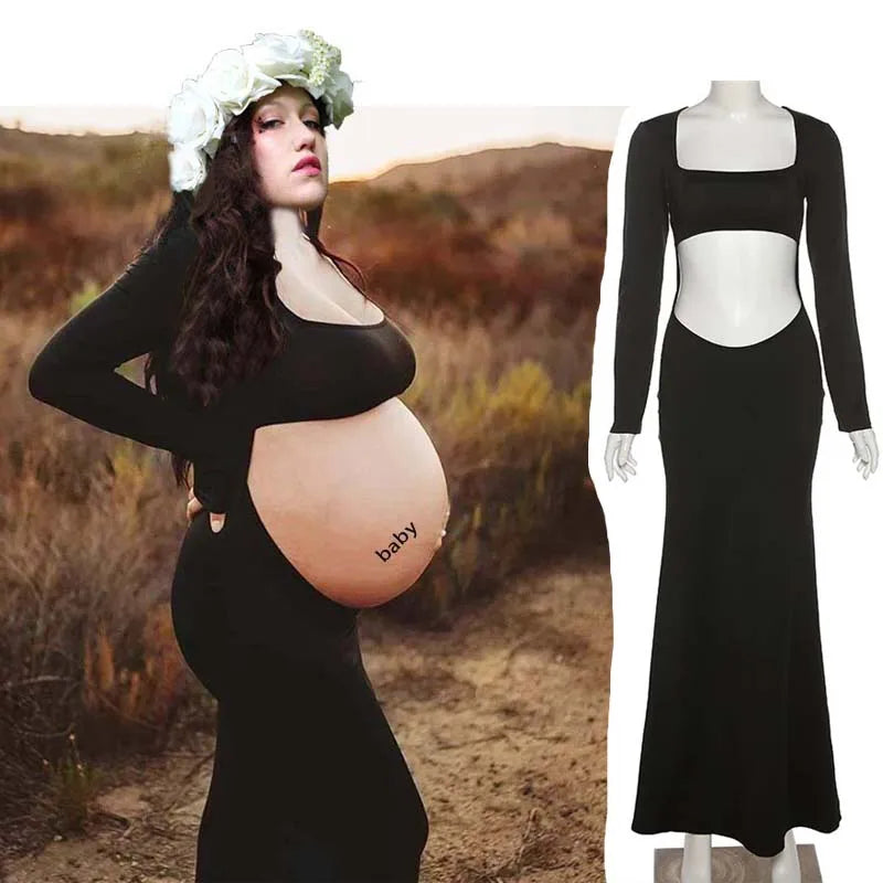 Elegant deep V-neck tulle maternity dress with lace hollow details, long sleeves, feather accents, perfect for photoshoots.