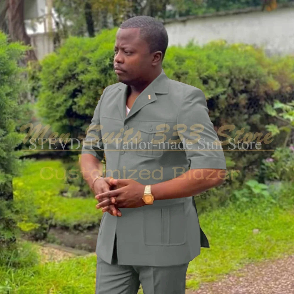 Safari men's suit set with short sleeve jacket and pants, African fashion style, single-breasted, notch lapel, Showlu brand