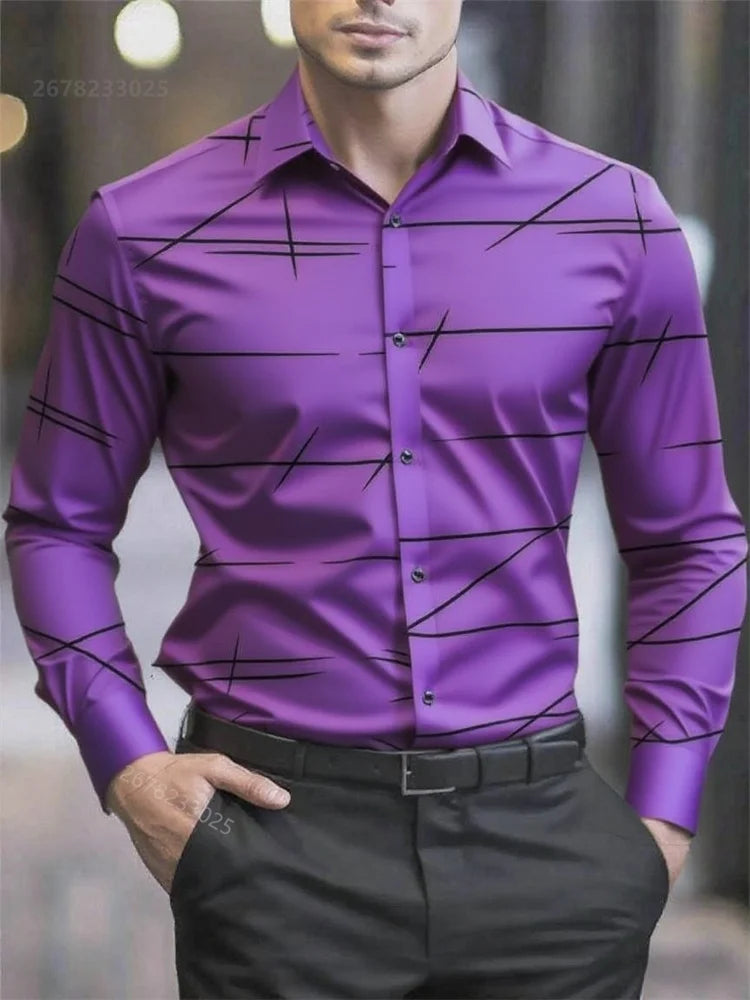 Men's long-sleeved casual shirt with geometric 3D print, lapel collar, large size, from Showlu Fashion Store.
