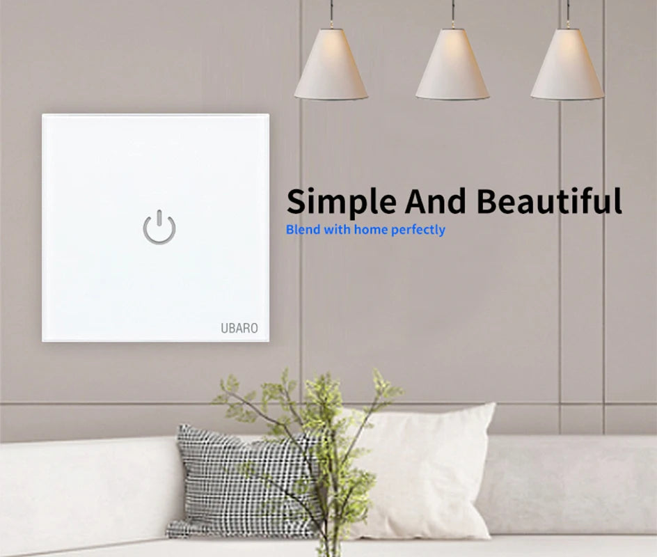 Showlu Smart touch wall light switch with glass panel, available in 1, 2, or 3 gang options, mounted on a wall.