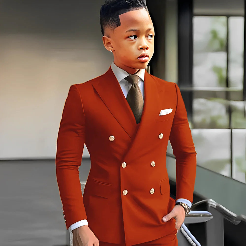 Navy blue solid boy suit with peak lapel, double-breasted tuxedo jacket and matching trousers, formal business and wedding attire