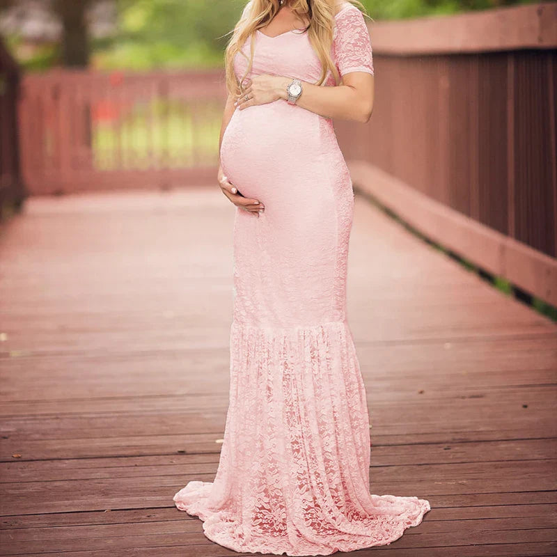 Long sleeve mermaid lace maternity photography gown by SHOWLU FASHION STORE, elegant maxi dress for special maternity photoshoots.