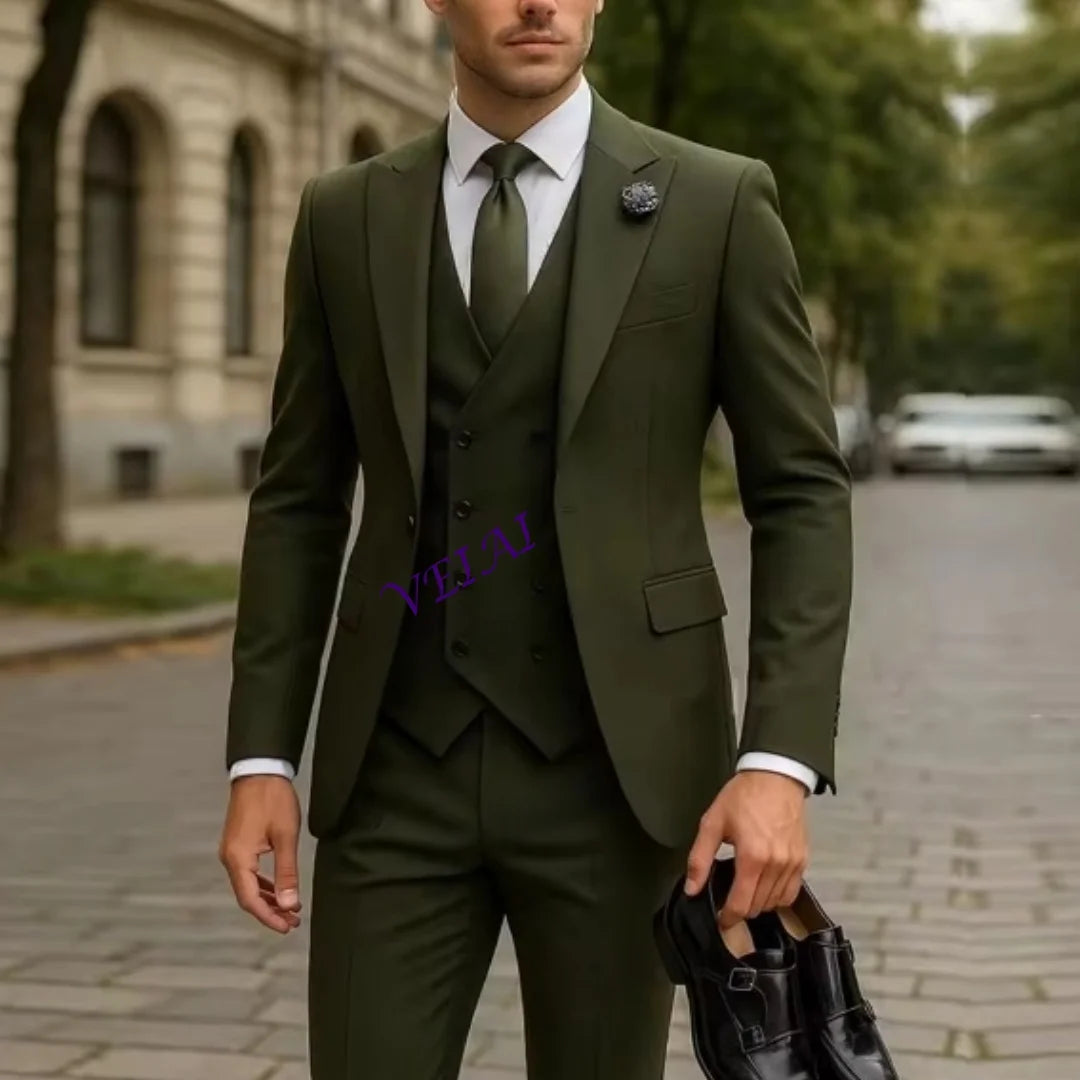 Army green men's tuxedo set with jacket, vest, and pants, ideal for wedding, prom, or formal occasions, by Showlu Fashion.