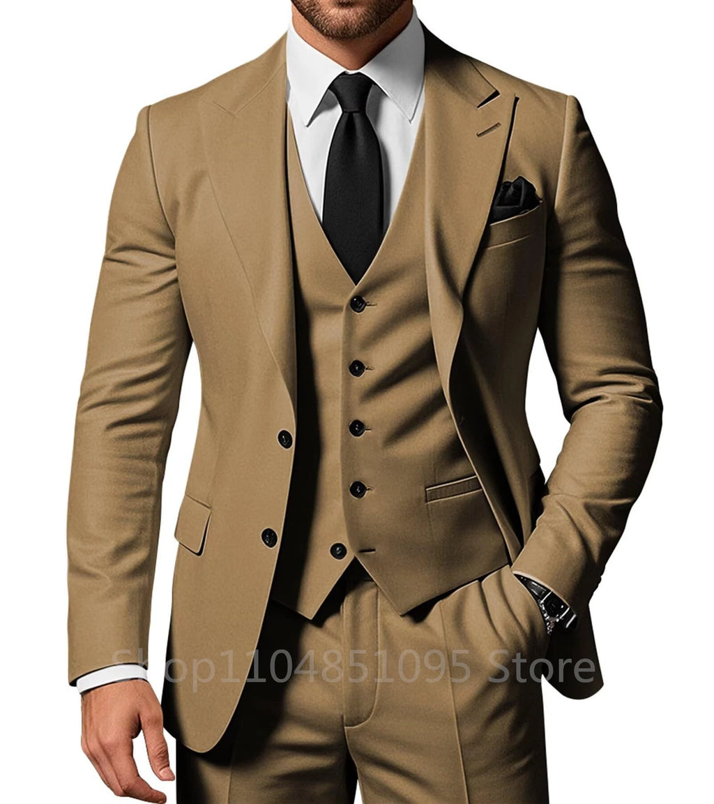 Men's 3-piece solid wedding tuxedo suit with peak lapel jacket, pants, and vest, perfect for formal groom or prom events.