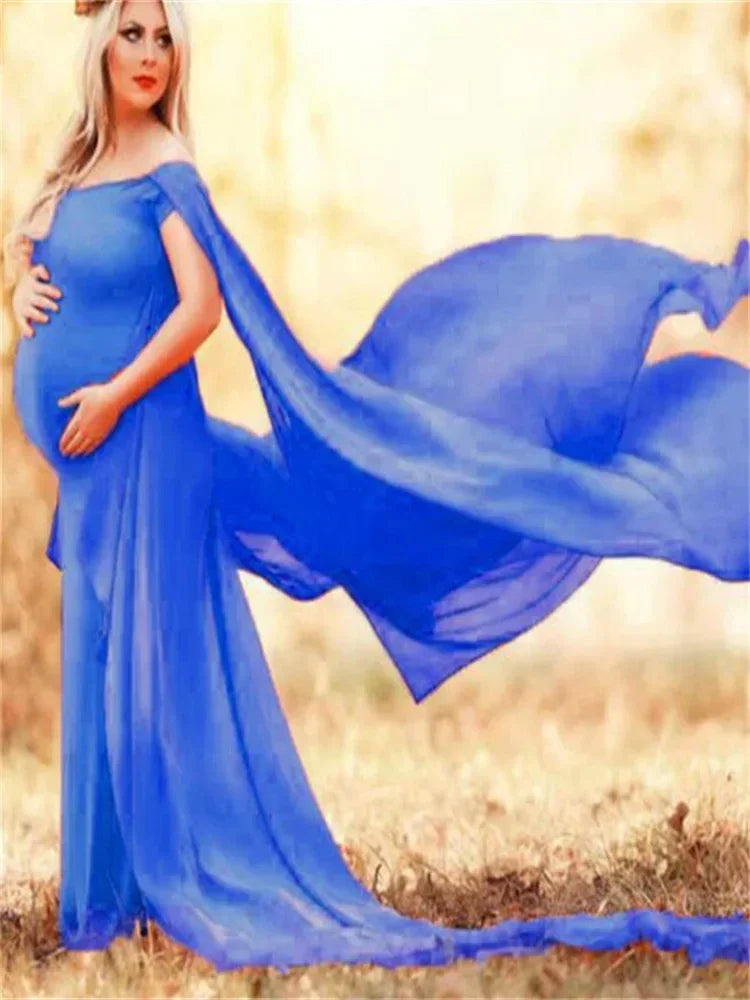 SHOWLU shoulderless chiffon maternity maxi gown designed for photography, flowing fabric and elegant style for expecting mothers.
