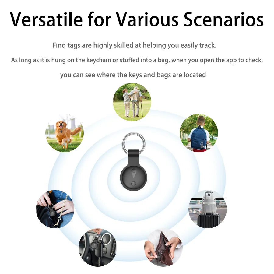 Waterproof Showlu Anti-Lost AirTag Tracker for pets and kids, compact smart tag with keyring attachment, black color.