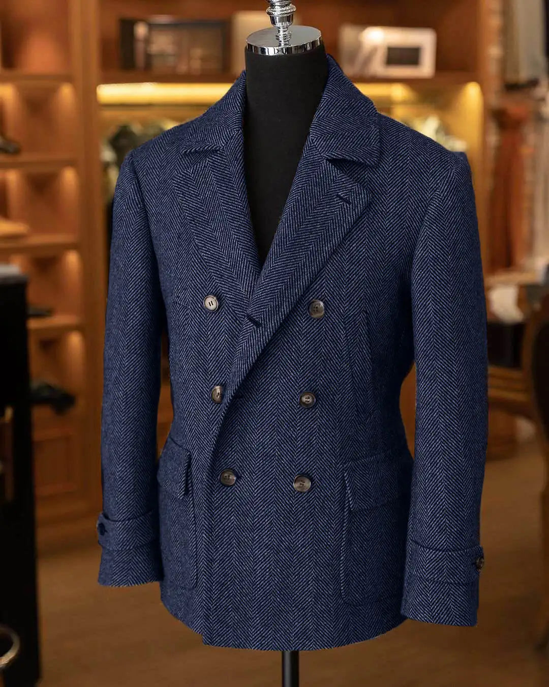 Men's double-breasted wool blend tailcoat in herringbone pattern, stylish formal suit by SHOWLU FASHION STORE