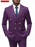 Black men's double-breasted slim-fit suit with gold buttons, high-quality wedding and party costume, stylish formal attire.