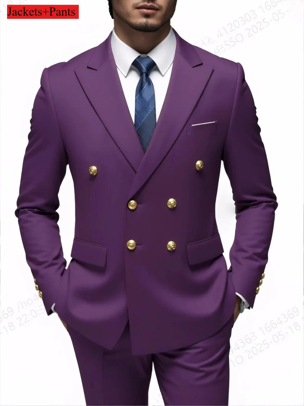Black men's double-breasted slim-fit suit with gold buttons, high-quality wedding and party costume, stylish formal attire.