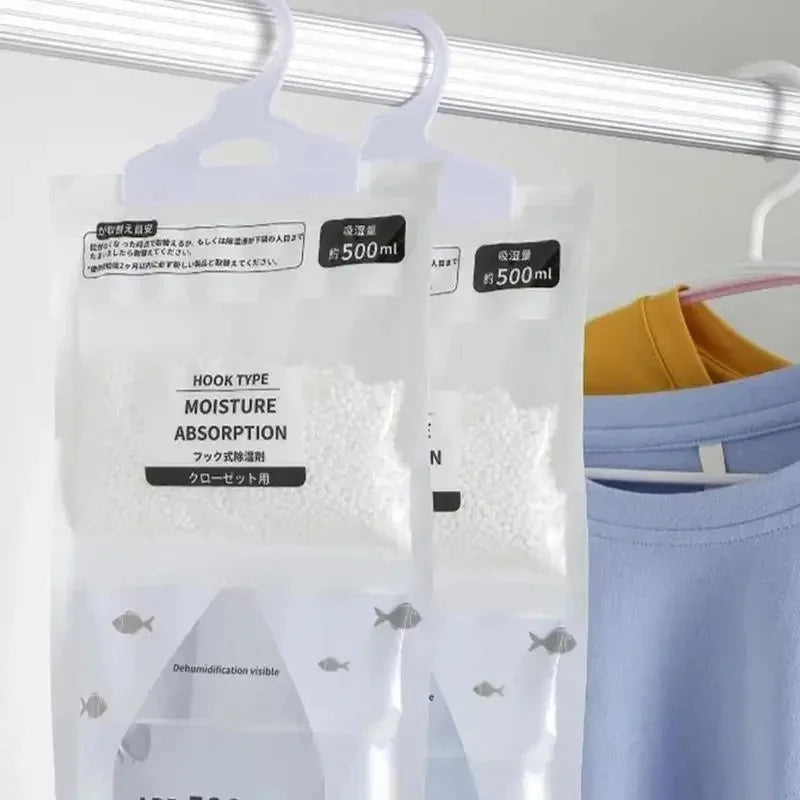 Showlu Smart General closet dehumidifier hanging bags to absorb moisture and prevent mold in wardrobe spaces.