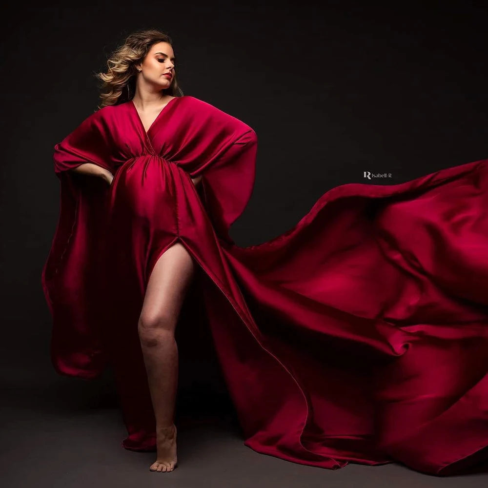 Showlu Boho maternity photography dress with v-neck and lace slit, perfect for maternity photoshoots and special occasions.