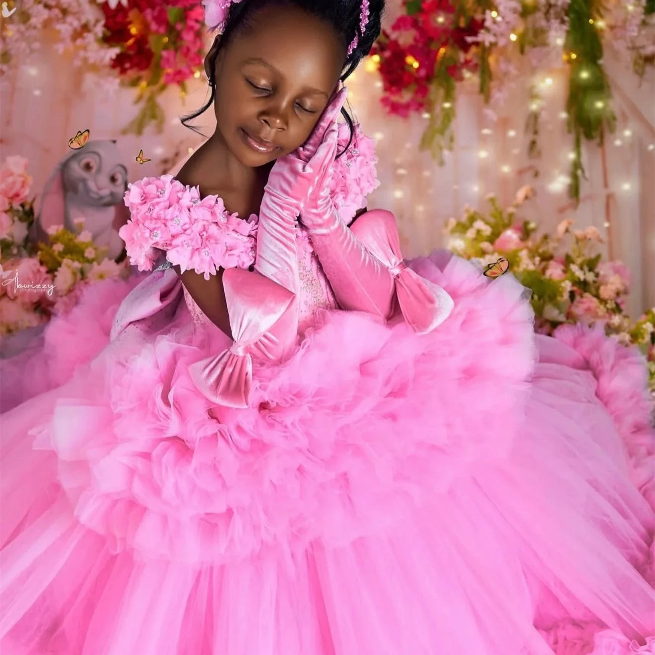 Customized Pink Flower Girl Dress For Wedding Glitter Bow Sleeveless Tiered Floor Length Kids Birthday First Communion Gown