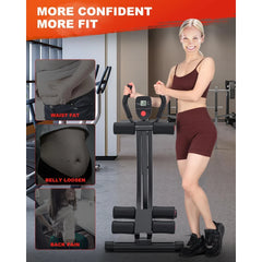 A woman stands next to an adjustable ab crunch exercise machine for home gym use.