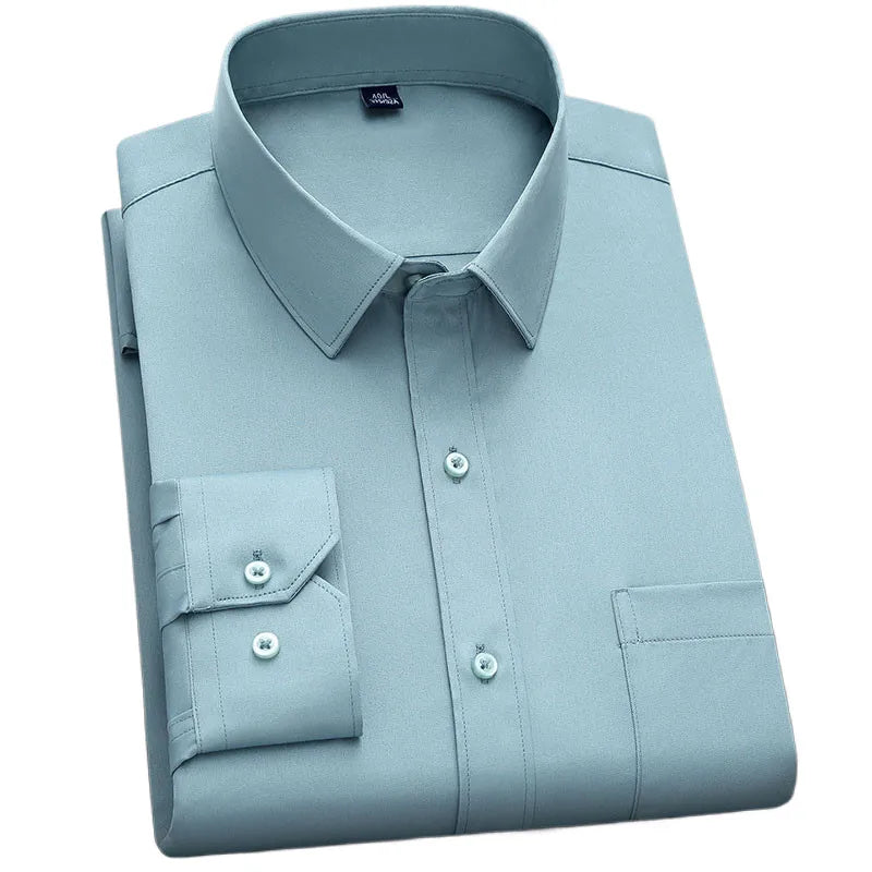Showlu Fashion BAMBOOPLE men's non-iron long sleeve shirt with solid color, business casual, anti-wrinkle, soft fabric, classic style