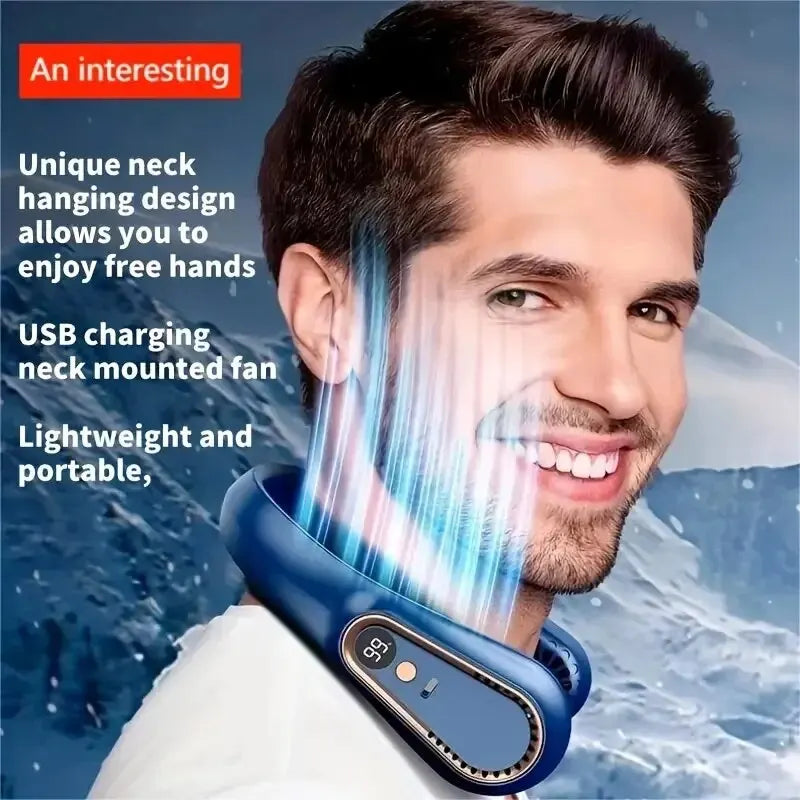 Showlu Smart portable neck fan with 5-speed settings, USB rechargeable, featuring a sleek design and 4000mAh battery for personal cooling.