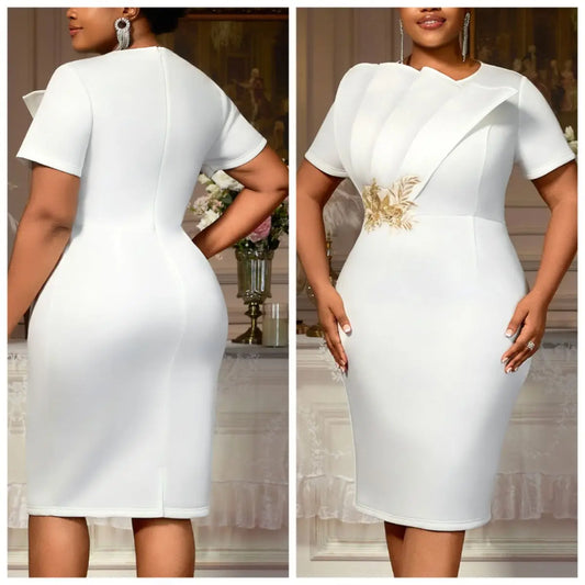 Women White Church Dresses Elegant Bodycon O Neck Ruffles Appliques High Waist Christmas Cocktail Party Nightclubs Holiday Gowns