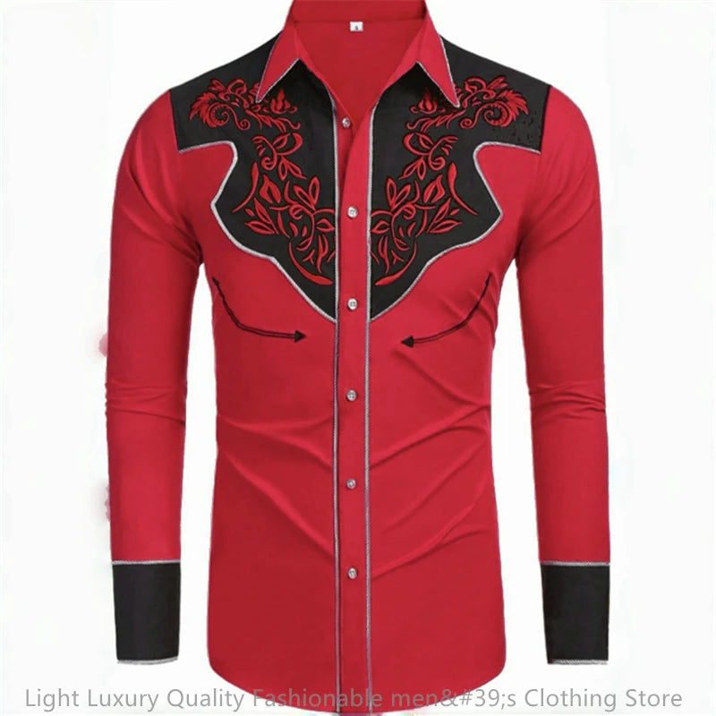 Men's long-sleeved retro western denim shirt in large size, loose fit with soft fabric, casual style by Showlu Fashion Store.