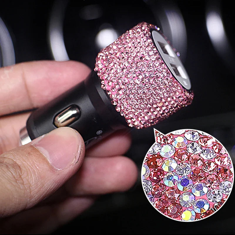 Diamond car charger by SHOWLU FASHION with dual USB ports for fast charging and a built-in safety hammer for emergency use.