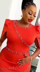 Womens Wedding Guest Dresses Elegant Trendy Solid Color Ruffle Beaded Round Neck Short Sleeve Dresses Style