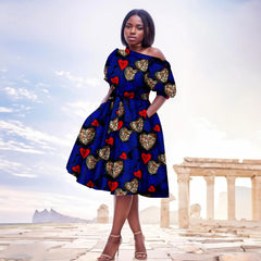 African Ankara Printed Fabric Women's Strapless Loose Dress Sexy Waistband Bubble Sleeve Dress 2425079