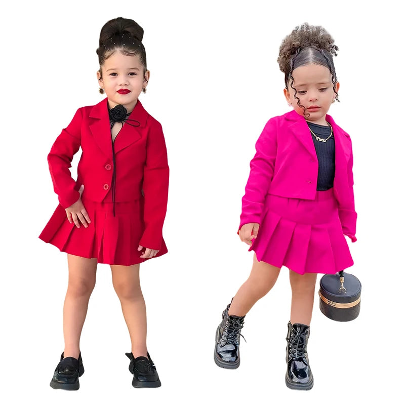 Girls autumn 2-piece long sleeve jacket and miniskirt suit by Showlu Fashion, stylish and comfortable for fall wear.