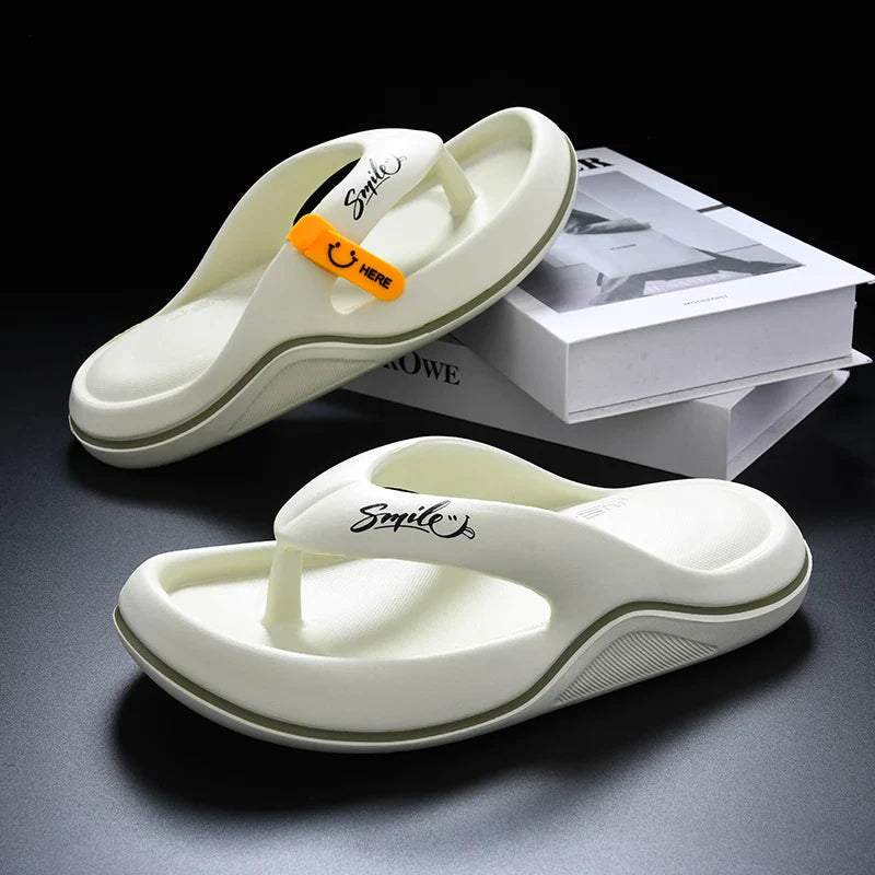 Unisex YUE&LINXI thick soled flip flops with soft EVA platform, beach slippers, casual footwear, shown from side view.