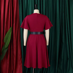 Elegant Dresses Woman 2024 Round Neck Ruffles Sleeve Belt Waisted Pleated Mid Calf Female Birthday Party Dinner Vestidos Mujer