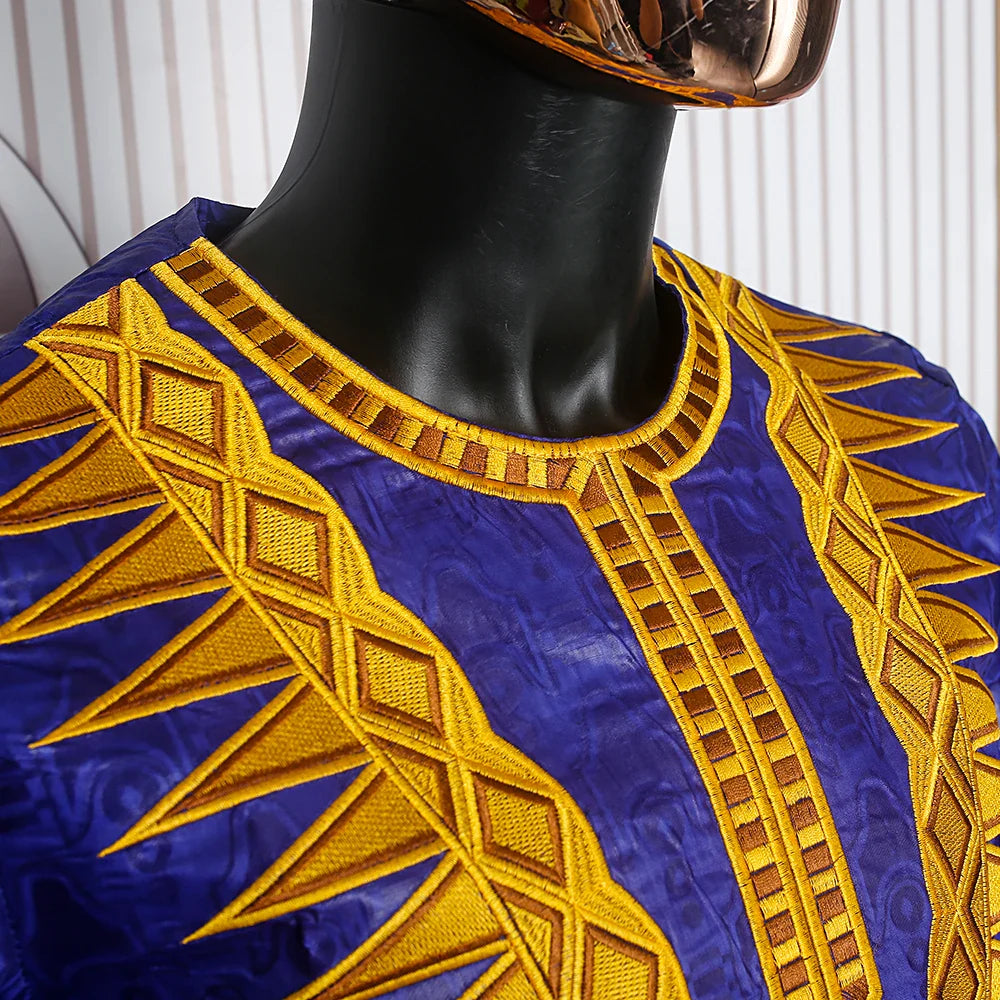 H&D Men's African Dashiki 2-piece set with cotton embroidery Bazin suit, featuring vibrant traditional design and intricate detailing.