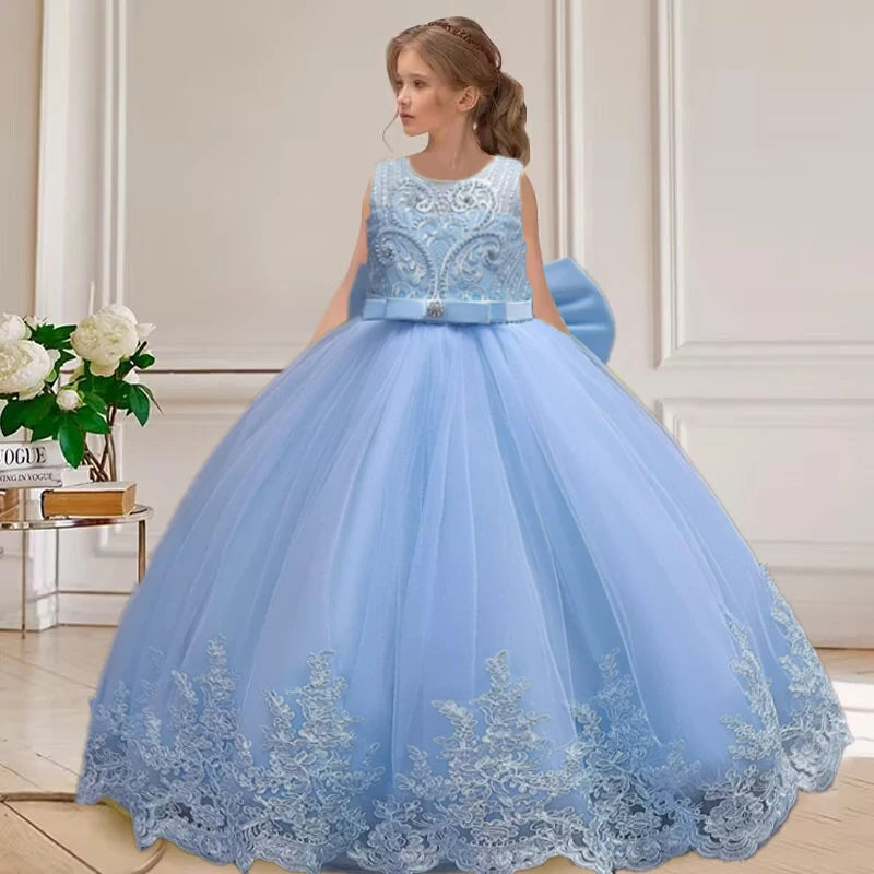 Elegant girl birthday party dress for 4-12 years old, sheer long princess gown, perfect for summer and special occasions.