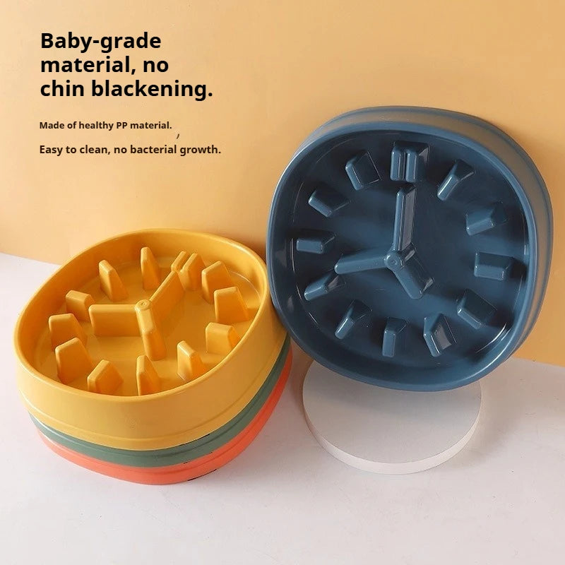Showlu Fashion Store slow feeder dog bowl in clock shape, thick plastic pet food basin designed to prevent choking and easy to clean.