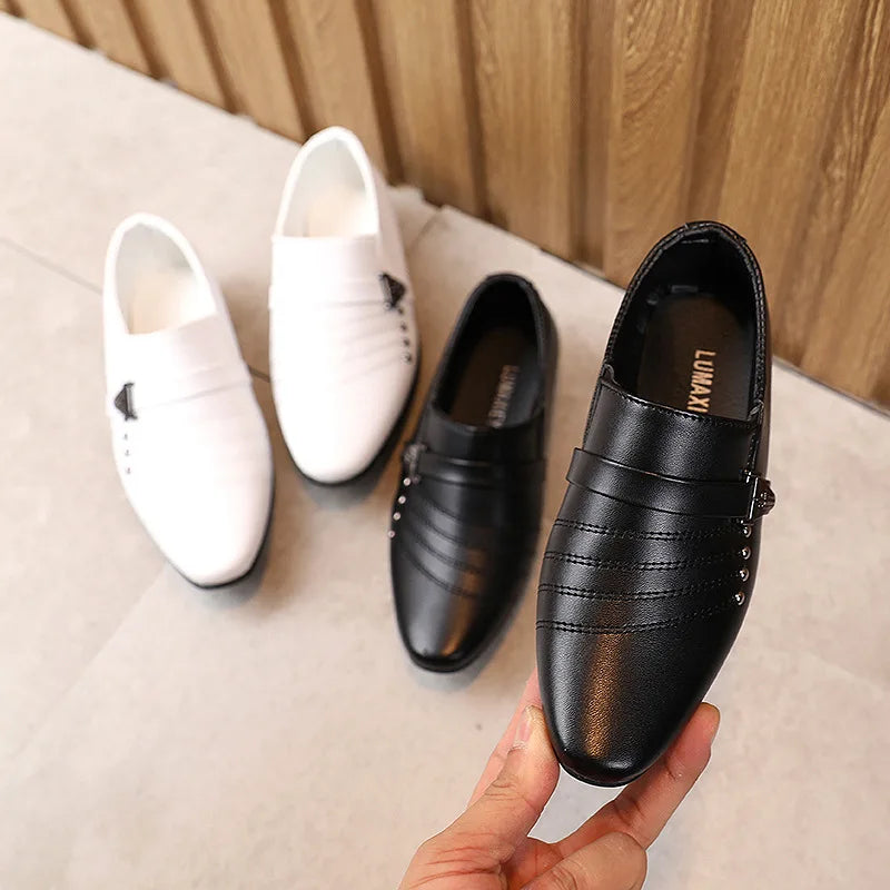 Boys black leather British style shoes with white accents, casual children's performance shoes by Showlu Fashion Store