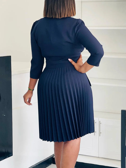 2025 autumn new fashion light mature temperament high quality suit collar A-line skirt solid color pleated dress