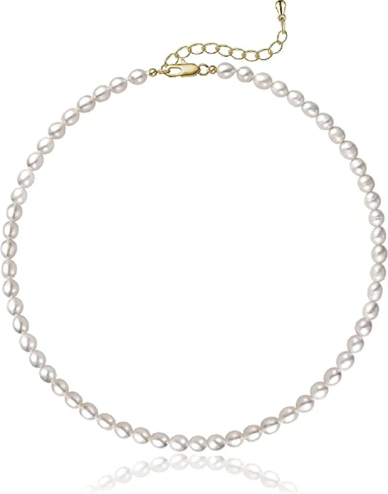 White freshwater pearl choker necklace with 5-7mm oval pearls, elegant jewelry piece by Showlu Fashion Store