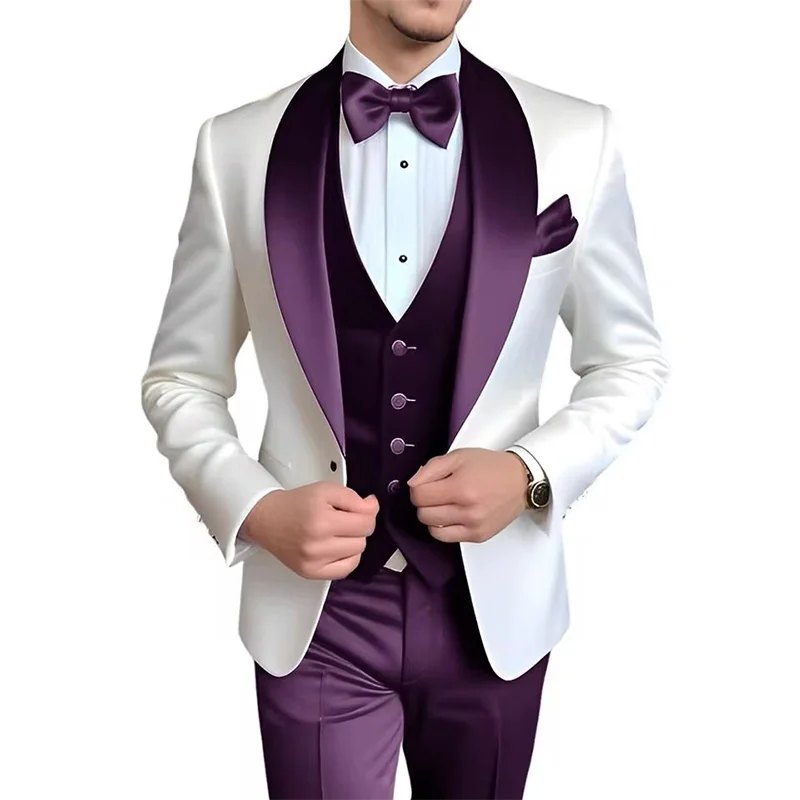 Men's blue and white 3-piece tuxedo suit with elegant design, suitable for weddings, formal events, and parties by Showlu Fashion.