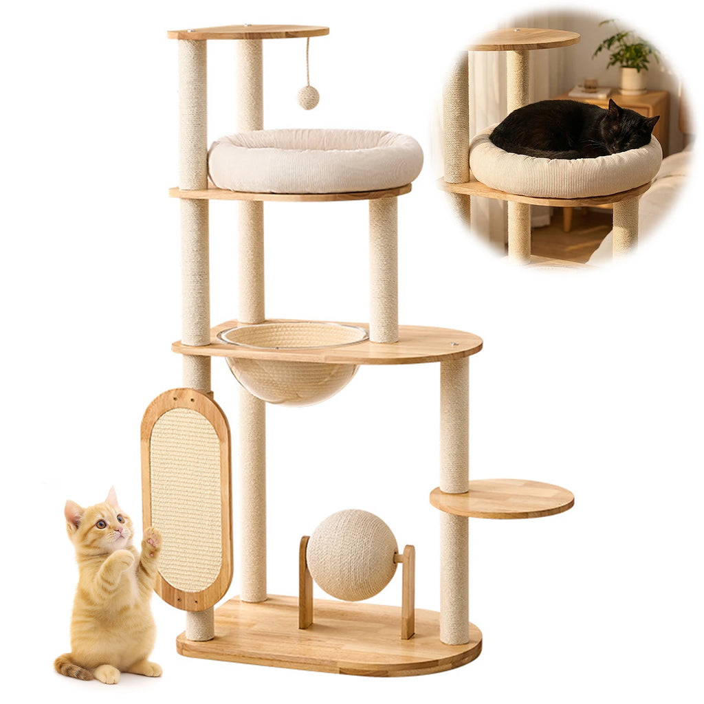 Solid wood Showlu cat climbing frame with four tiers, scratching posts, and cozy platforms for feline play and relaxation.