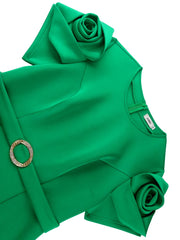 Retro Women's Slim Fit Dress Green Three-dimensional Rose Short Sleeved Slim Fit Mid Waist Professional Business Midi Dresses