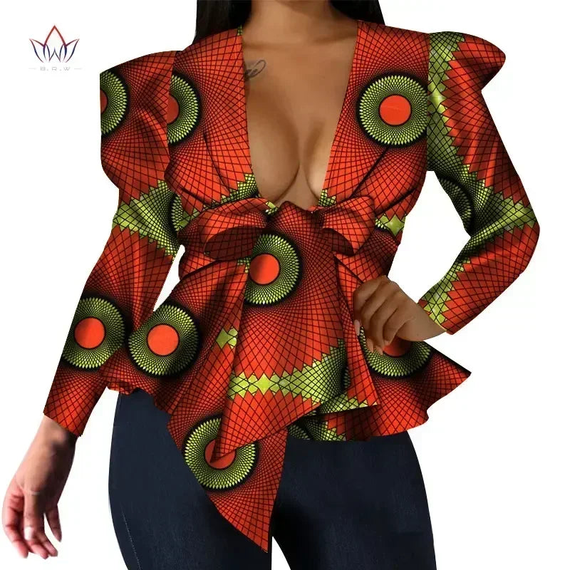 BintaRealWax women's African print dashiki cotton V-neck long sleeve top with vibrant patterns, stylish and comfortable.