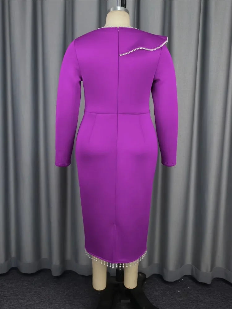 Exquisite Purple Long Sleeve Evening Dress with Pearl Chain Decor Perfect for Special Occasions Combining Elegance Dresses SHOWLU FASHION STORE