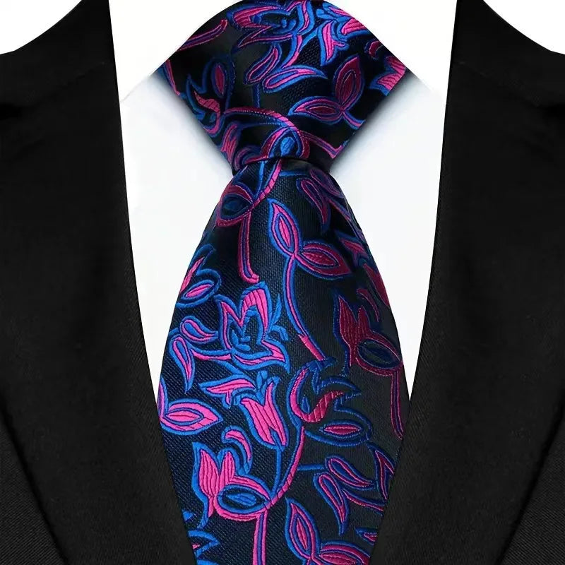 Purple men's necktie with floral plaid jacquard pattern, featuring purple and stripe design, suitable for business or wedding attire.